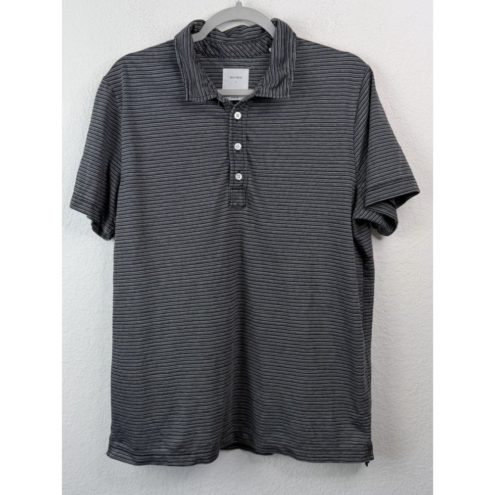 Billy Reid Polo Shirt Men's L Black Gray Striped Performance Standard Fit Peru